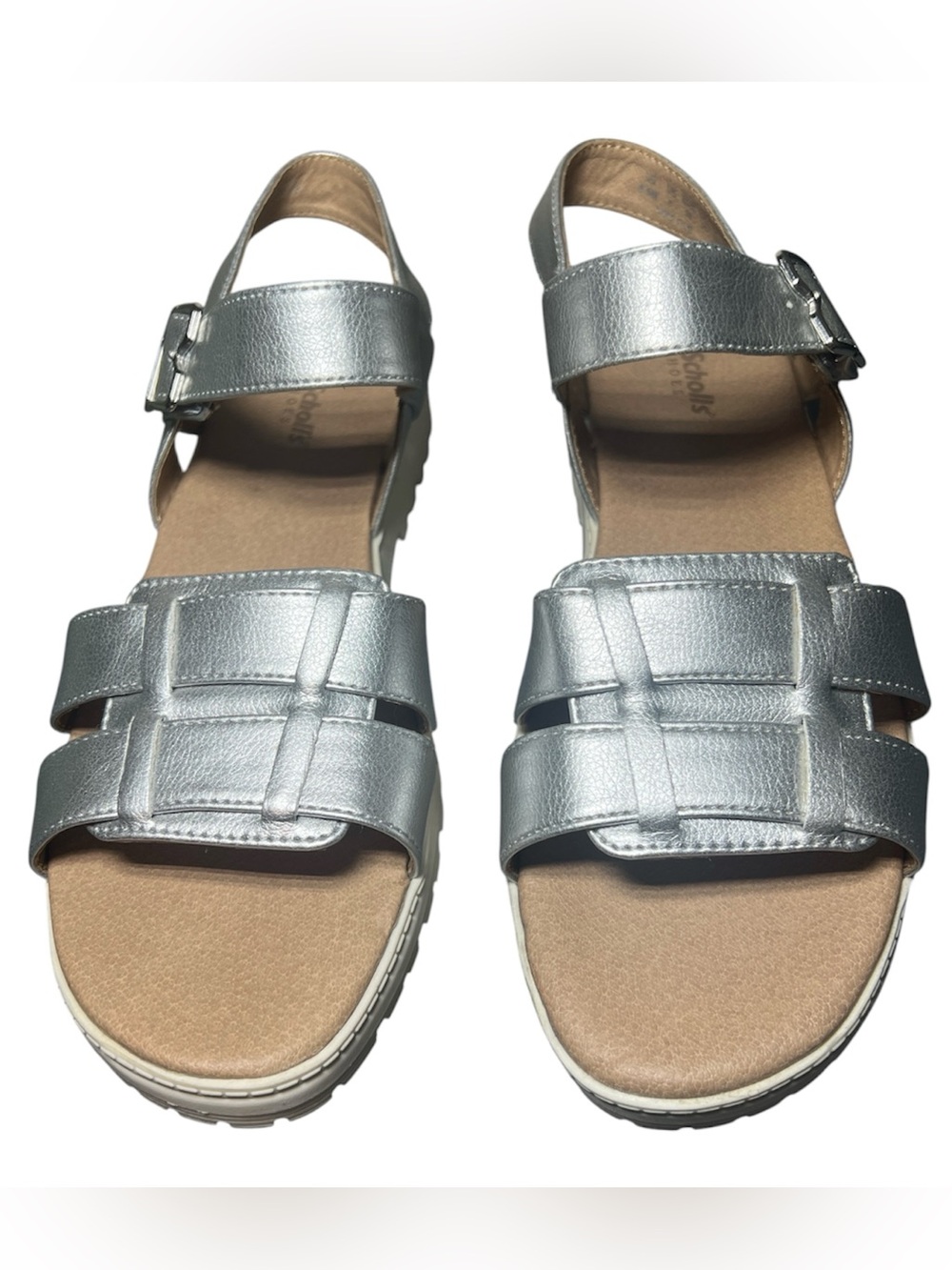 Dr Scholls Take Five Ankle Strap Sandals Womens 8.5 Silver Buckle Summer Boho